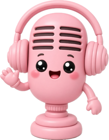 VoiceMagic mascot, a pink microphone with headphones